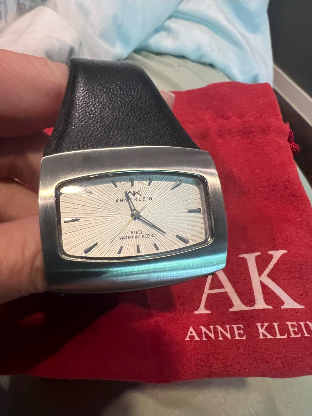 Anne Klein Black Leather Watch with Silver-Tone Case
